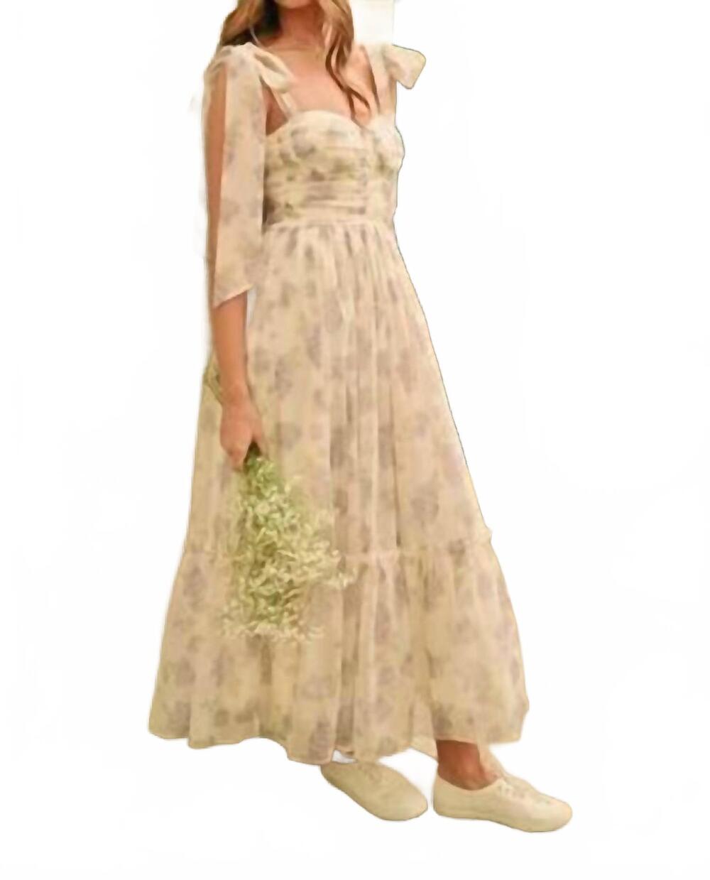 NEW MABLE floral bust ruched midi dress with shoulder tie in beige